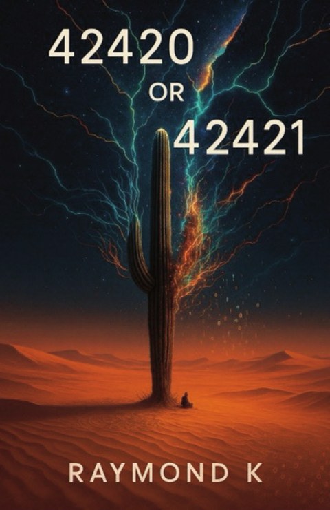 42420 OR 42421 — book cover. A saguaro cactus rising from a red desert under a starry sky, aurora-like light streaming up from it, a small figure sitting at its base.